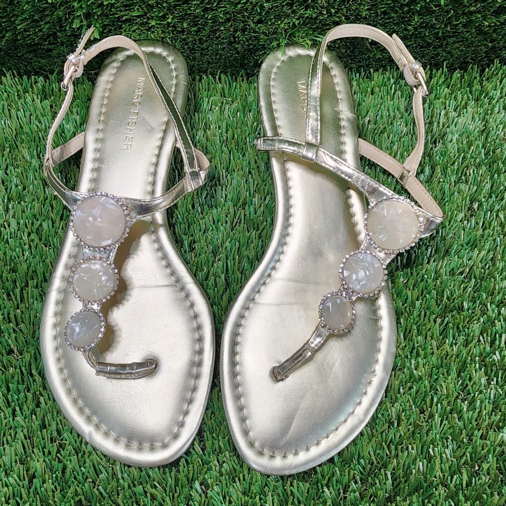 MARC FISHER - Gold Thong Sandals w/Mother of Pearl Design in Excellent Condition
